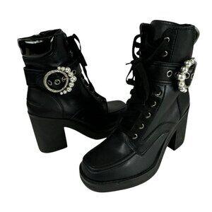 DKNY NWOB Dottie Women's‎ 10M Black Leather Buckle Faux Pearl Heel Combat Boots
